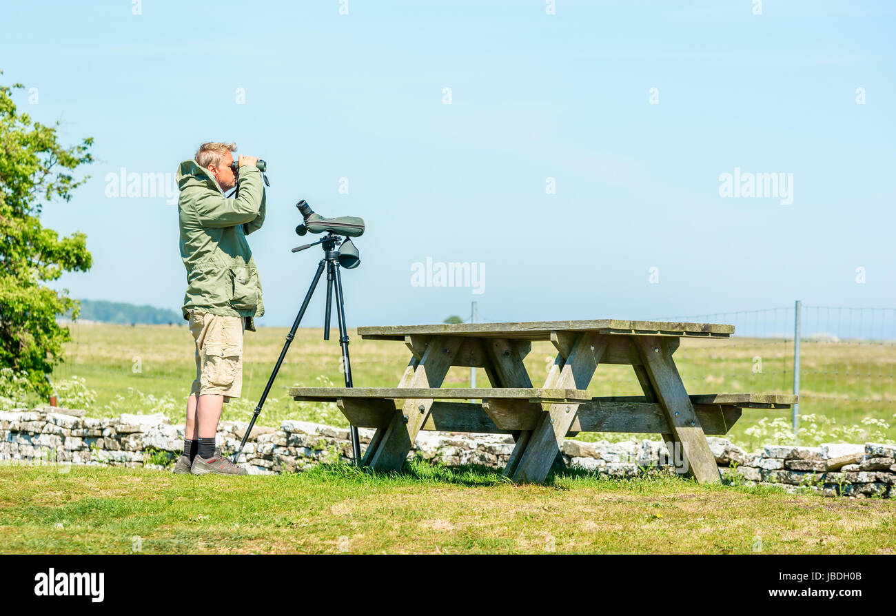 Ottenby, Sweden - May 27, 2017: Environmental documentary. Male birdwatcher looking out over the landscape using binoculars. Spotting scope standing o Stock Photo