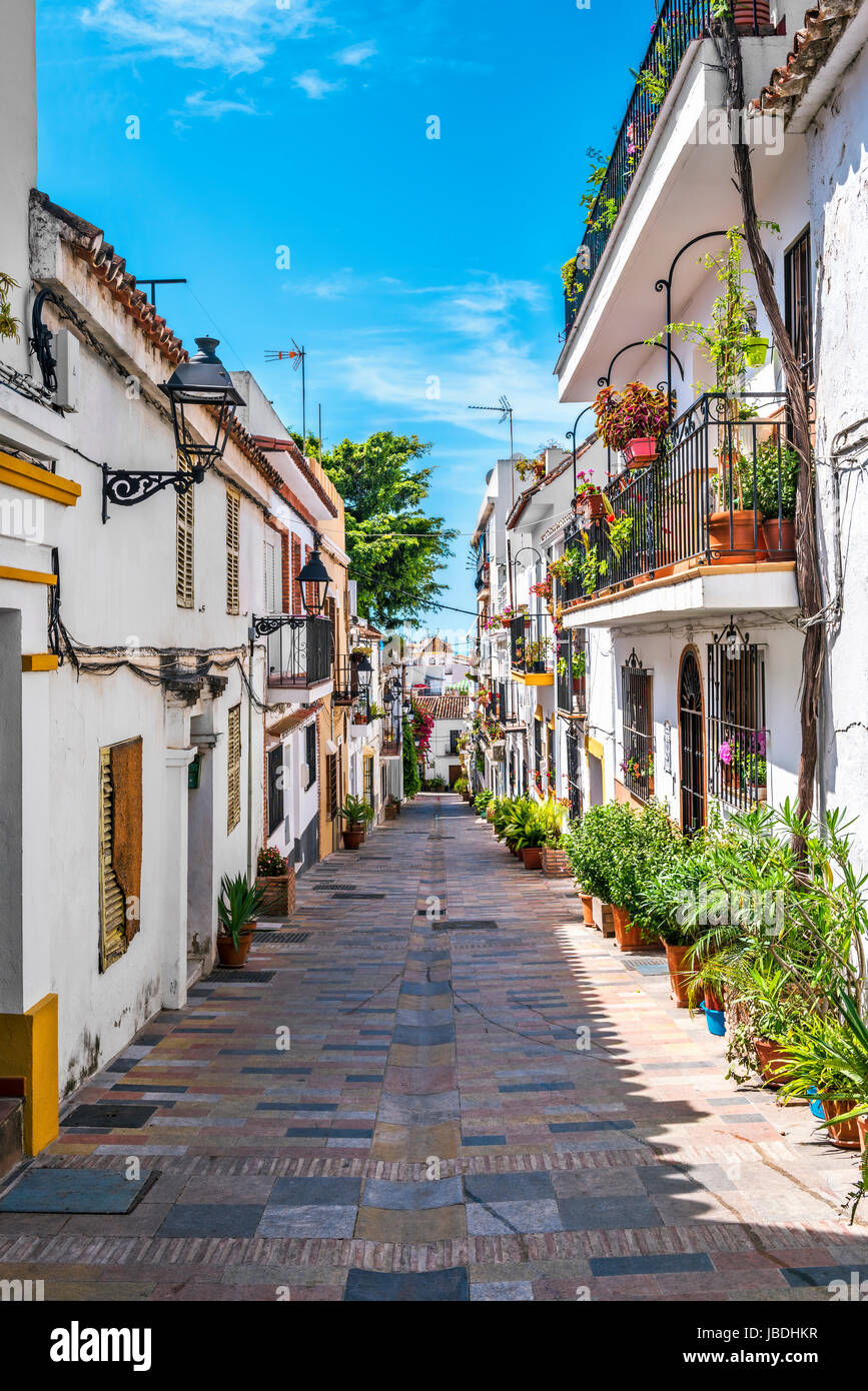 Typical old town street in Marbella, Costa del Sol, Andalusia, Spain, Europe Stock Photo