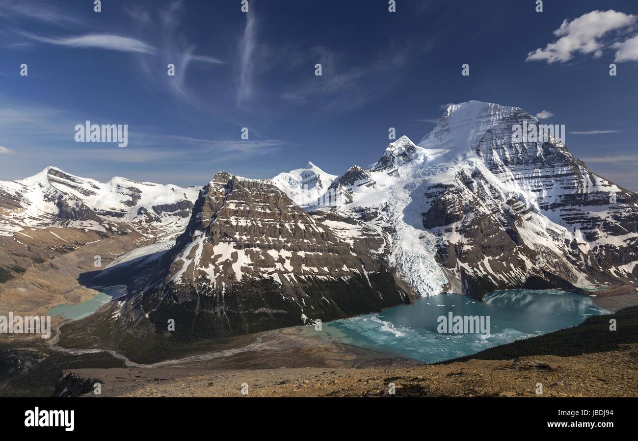 Aerial Landscape View Berg Lake and Mount Robson Skyline with Deep Blue Sky and Snowy Mountains on Horizon near Jasper National Park, Canadian Rockies Stock Photo