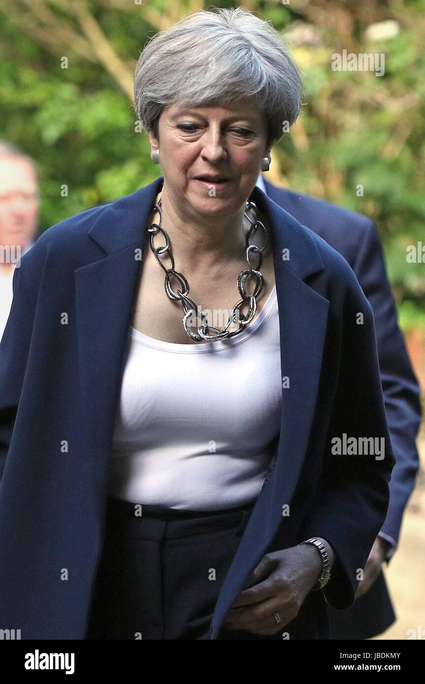 Prime Minister Theresa May arrives to attend Holy Communion at St Andrew's Church in Sonning, Berkshire. Stock Photo