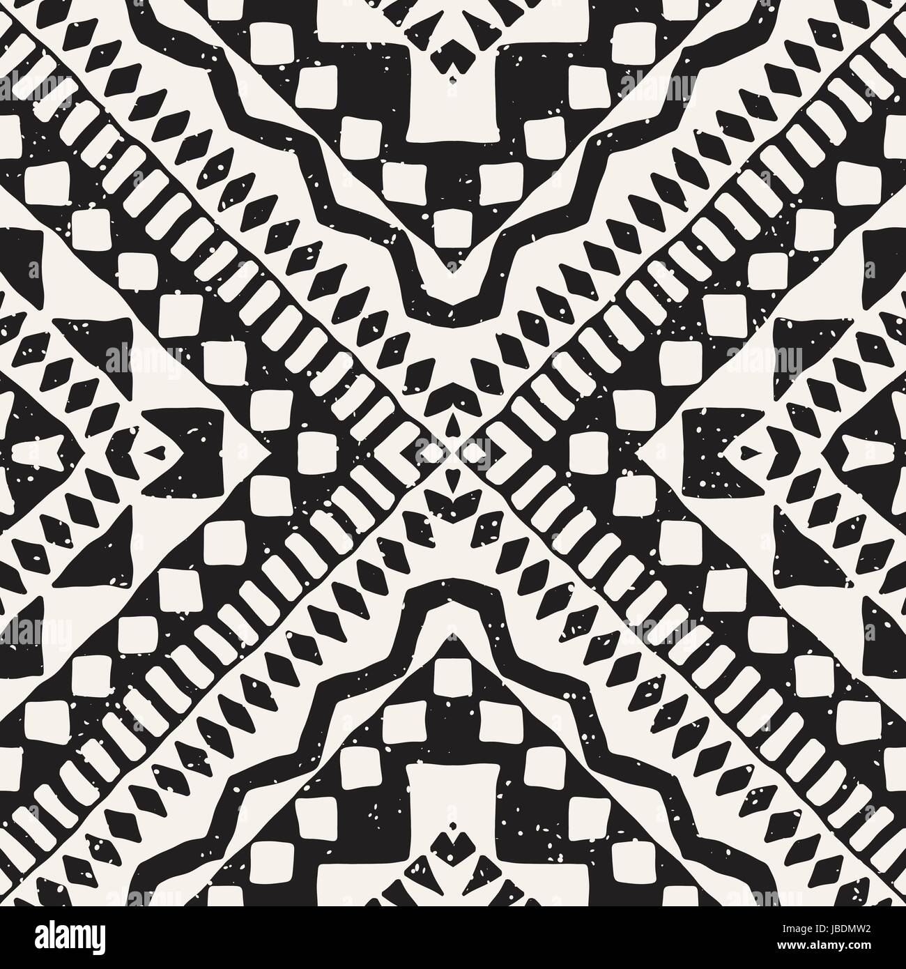 Black and white tribal vector seamless pattern with doodle elements