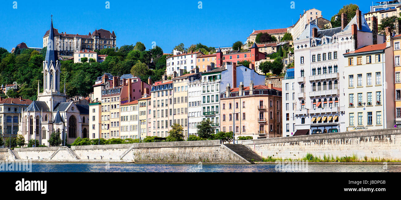 View of Vieux Lyon with Saone River, France Stock Photo