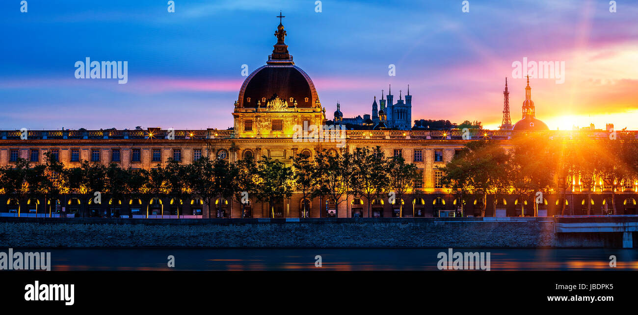 View of Lyon city at sunset with Rhone river Stock Photo