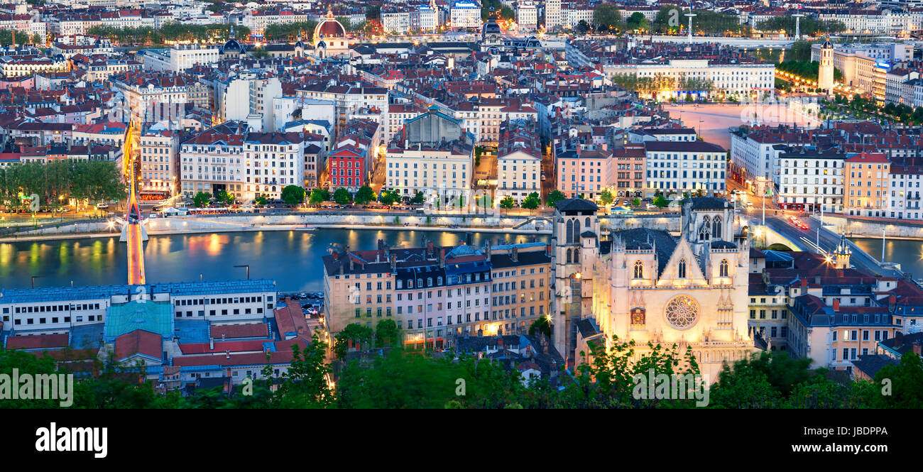 City of Lyon by night, France Stock Photo