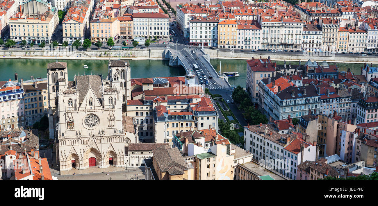 Famous view of Lyon with cathedral, France Stock Photo