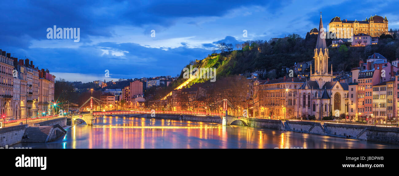 Famous view of Lyon with Saone river at night Stock Photo
