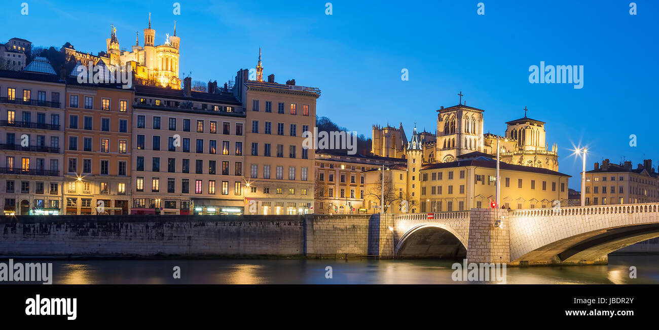 Lyon with Saone river at night, France. Stock Photo