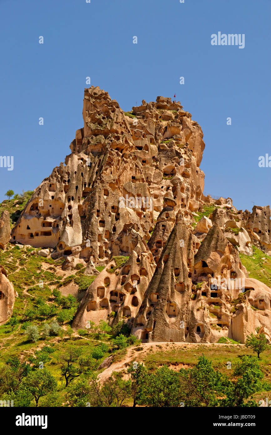 Uchisar cave dwellings at Goreme National Park, Cappadocia, Turkey Stock Photo