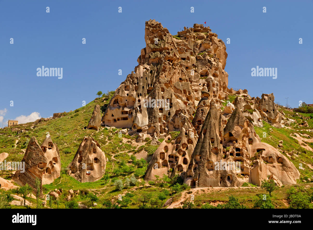 Uchisar cave dwellings at Goreme National Park, Cappadocia, Turkey Stock Photo