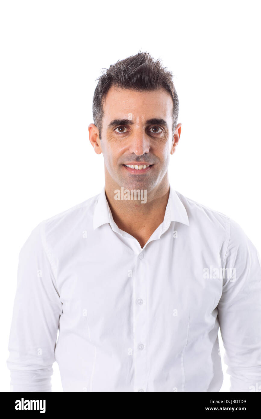 A 35 - 40 years man caucasian dark hair cool modern look smiling at the camera studio shot with white background Stock Photo