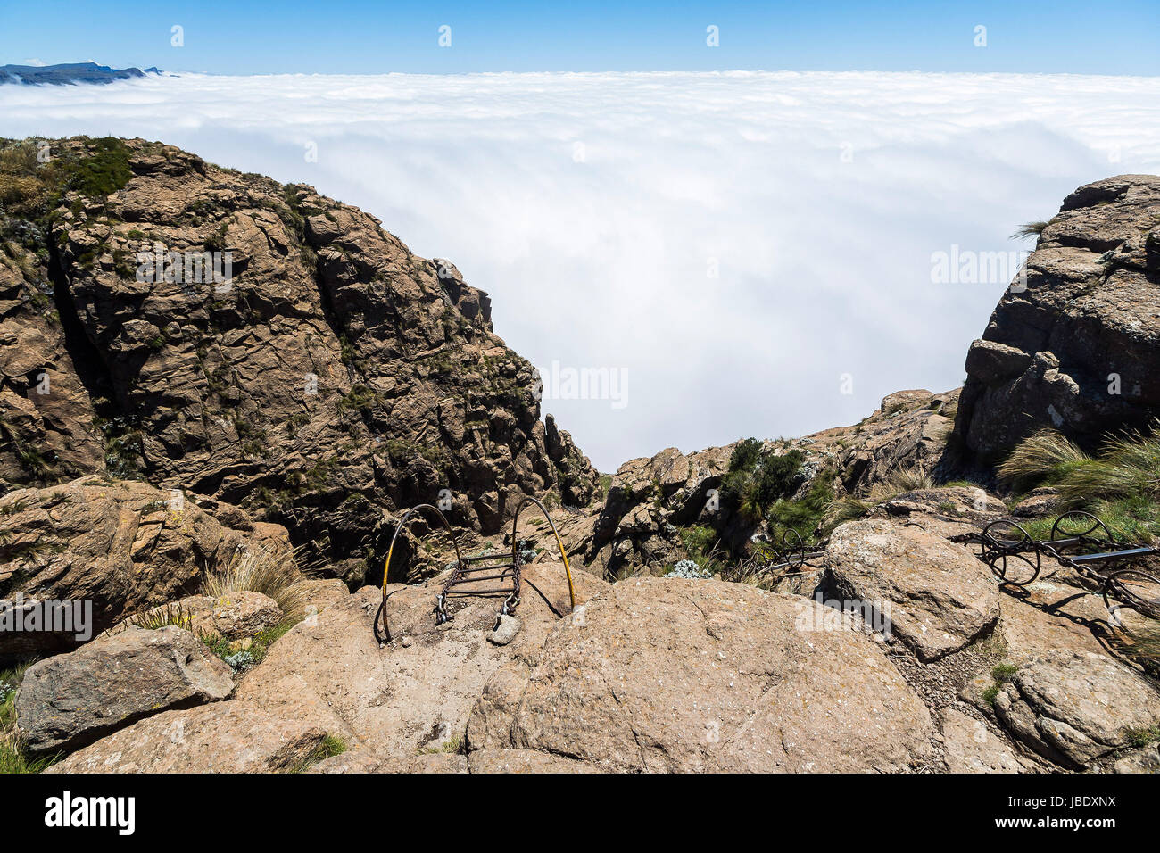 At the top of the chain ladders, Sentinel Hike, Drakensberge Stock Photo