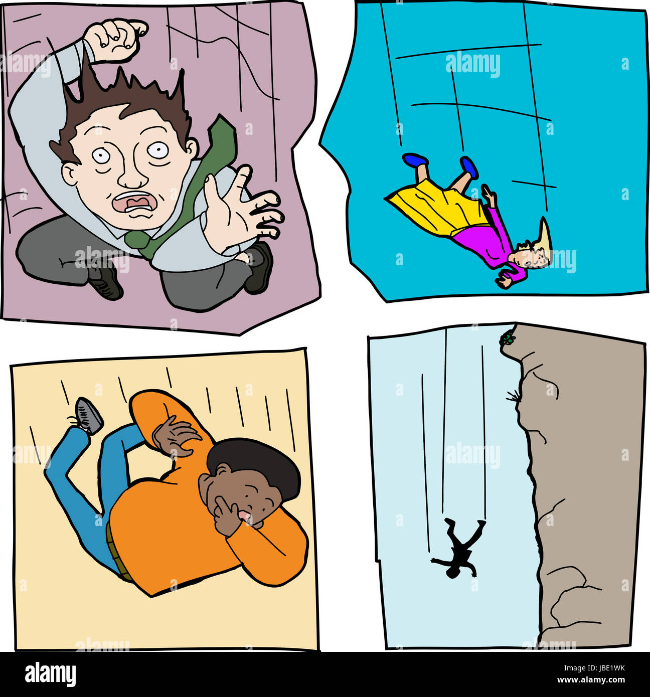 Cartoons of scared men and women falling down Stock Photo