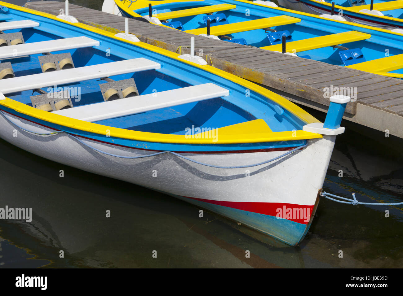 Large rowing boats at a jetty at the pond of