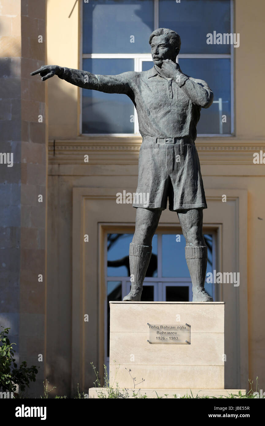 The statue of linesman Tofik Bakhramov before the 2018 FIFA World Cup qualifying, Group C match at the Tofik Bakhramov Stadium, Baku. Stock Photo