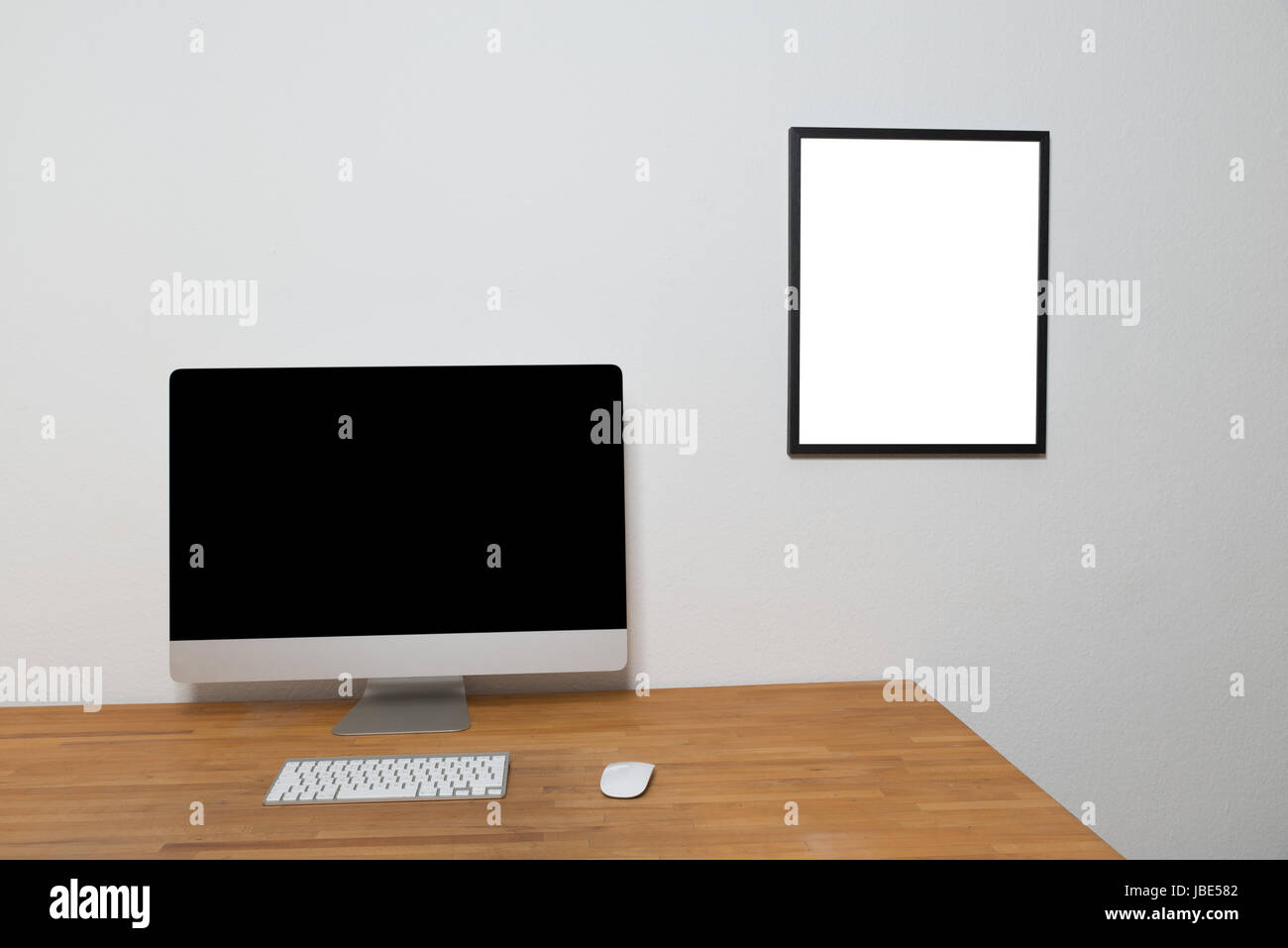 desktop computer on wooden table Stock Photo - Alamy