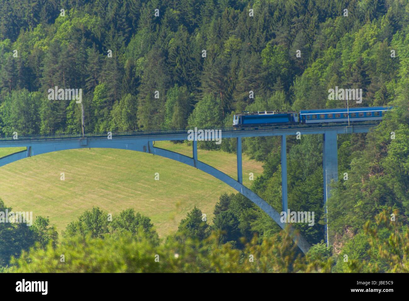 Personal train on a distant bridge over the valley. The railway bridge in the Czech Republic in the village of Dolni Loucky Stock Photo