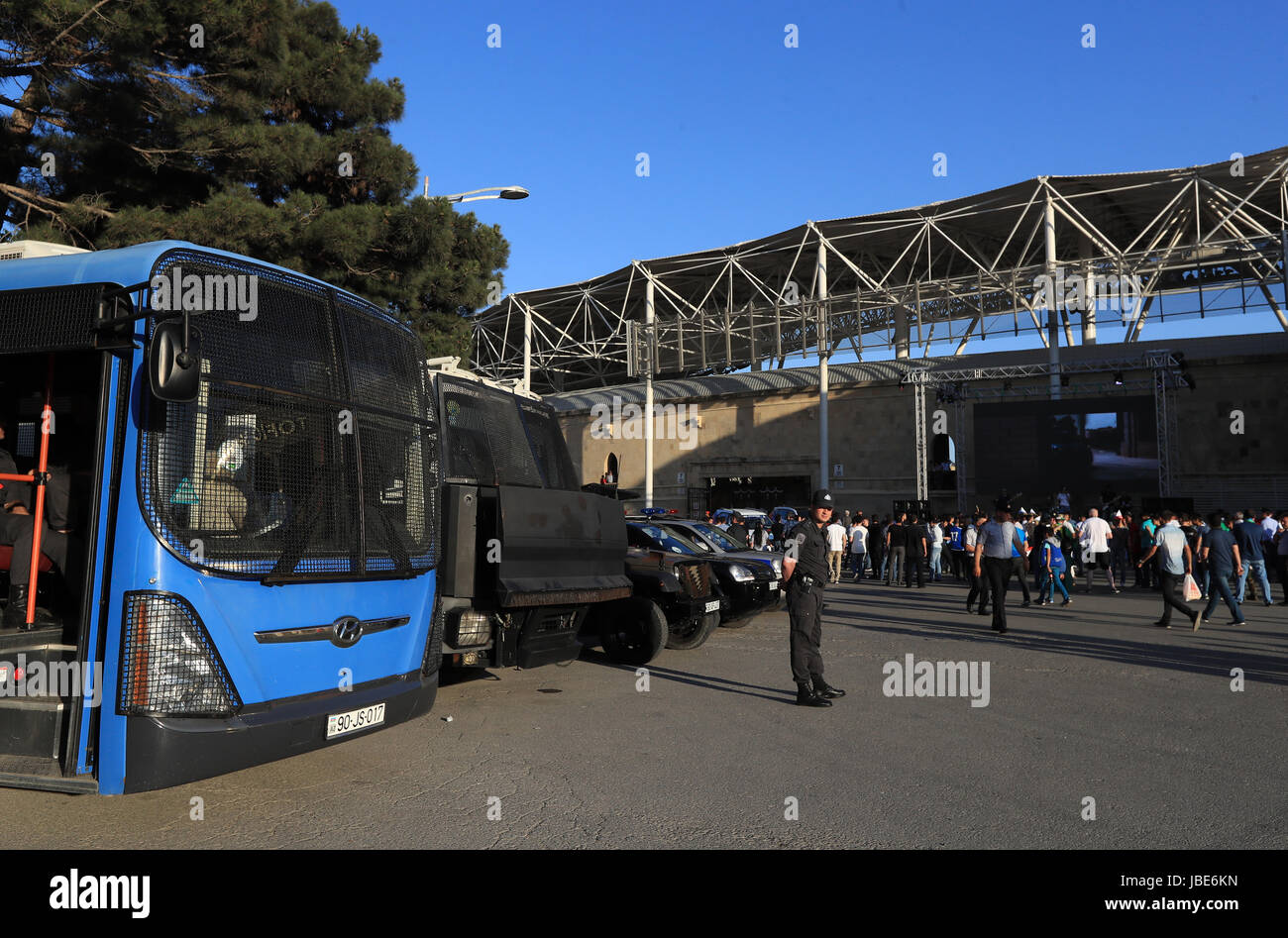 Security outside the stadium before the 2018 FIFA World Cup qualifying, Group C match at the Tofik Bakhramov Stadium, Baku. Stock Photo