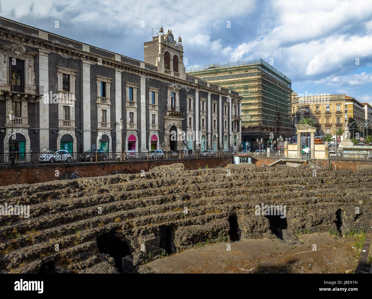 Ruins of the Roman Amphitheater at the Stesicoro Square - Catania, Sicily, Italy Stock Photo