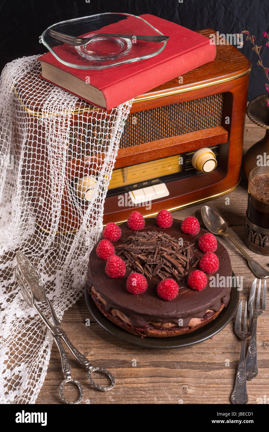 chocolate cake and Turkish coffee - vintage style Stock Photo