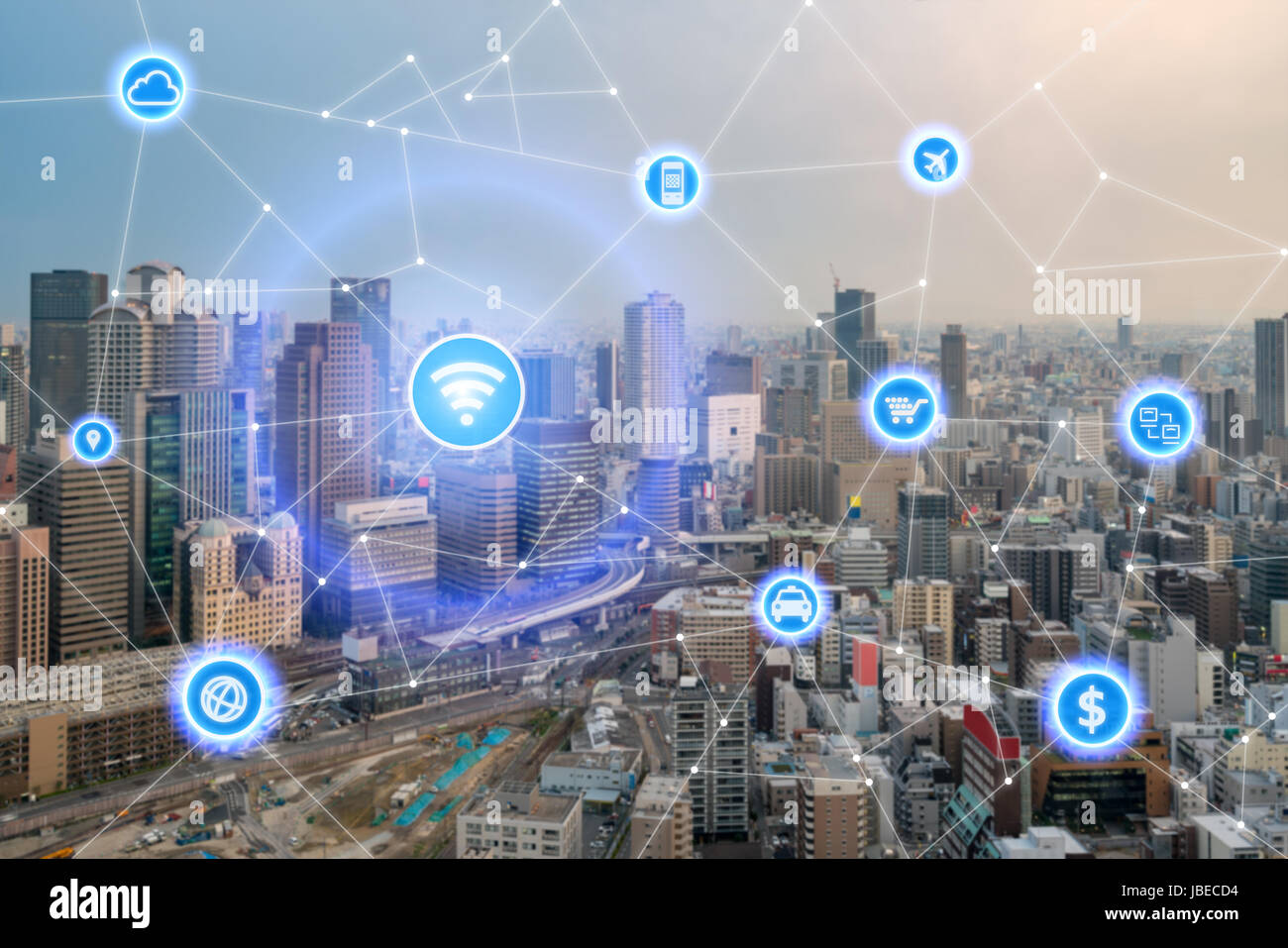 Smart city and wireless communication network, business district with office building, abstract image visual, internet of things concept Stock Photo