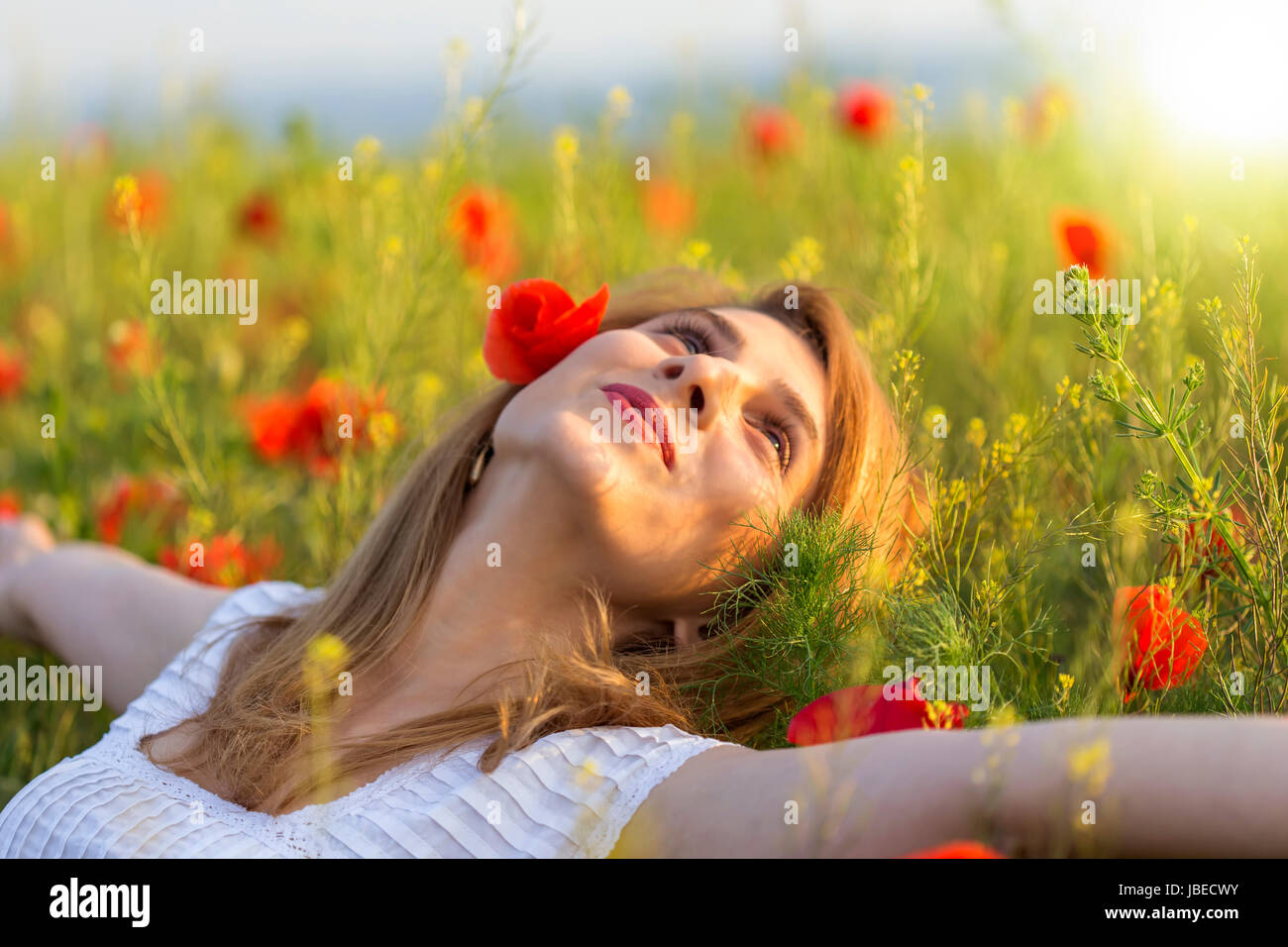 Woman in white dress relaxing in a full field of poppies Stock Photo ...