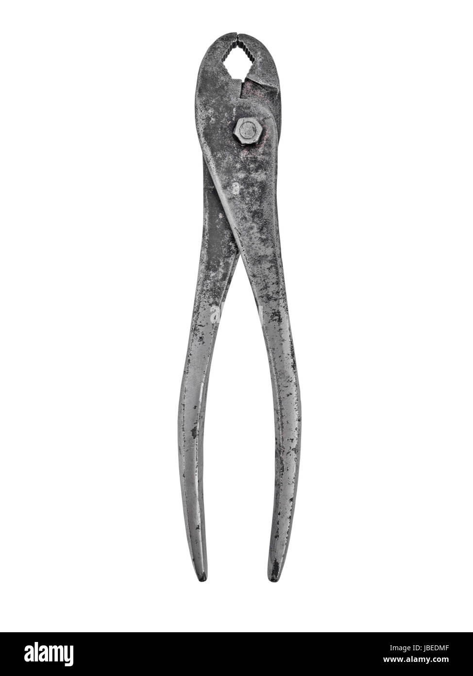 vintage rusty slip joint adjustable pliers wrench over white, clipping