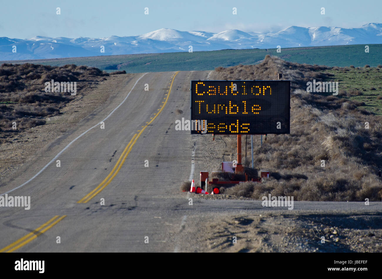 Caution Tumbleweeds Road Sign Stock Photo Alamy