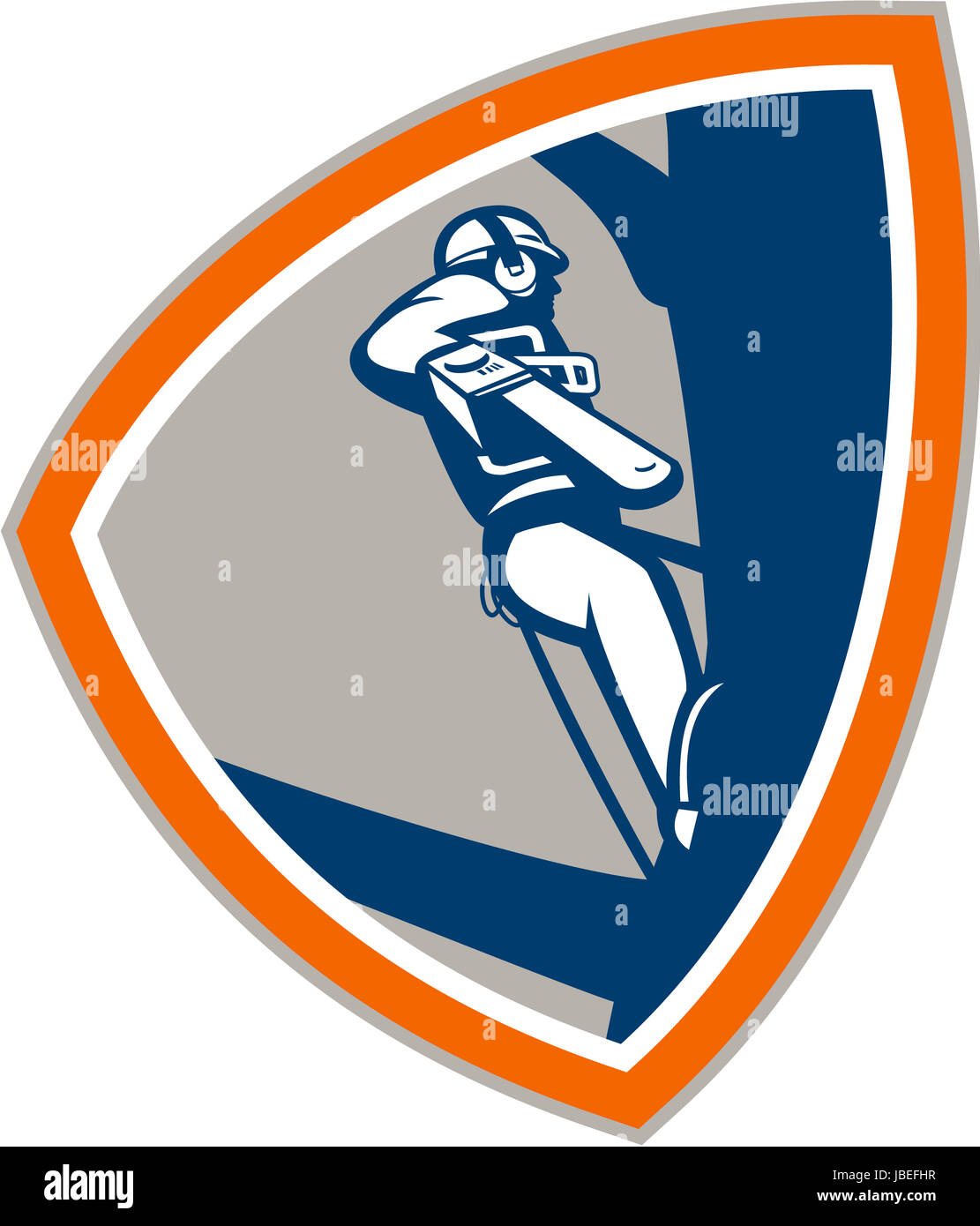 Illustration of lumberjack arborist tree surgeon holding a chainsaw climbing up a tree set inside shield shape on isolated white background. Stock Photo