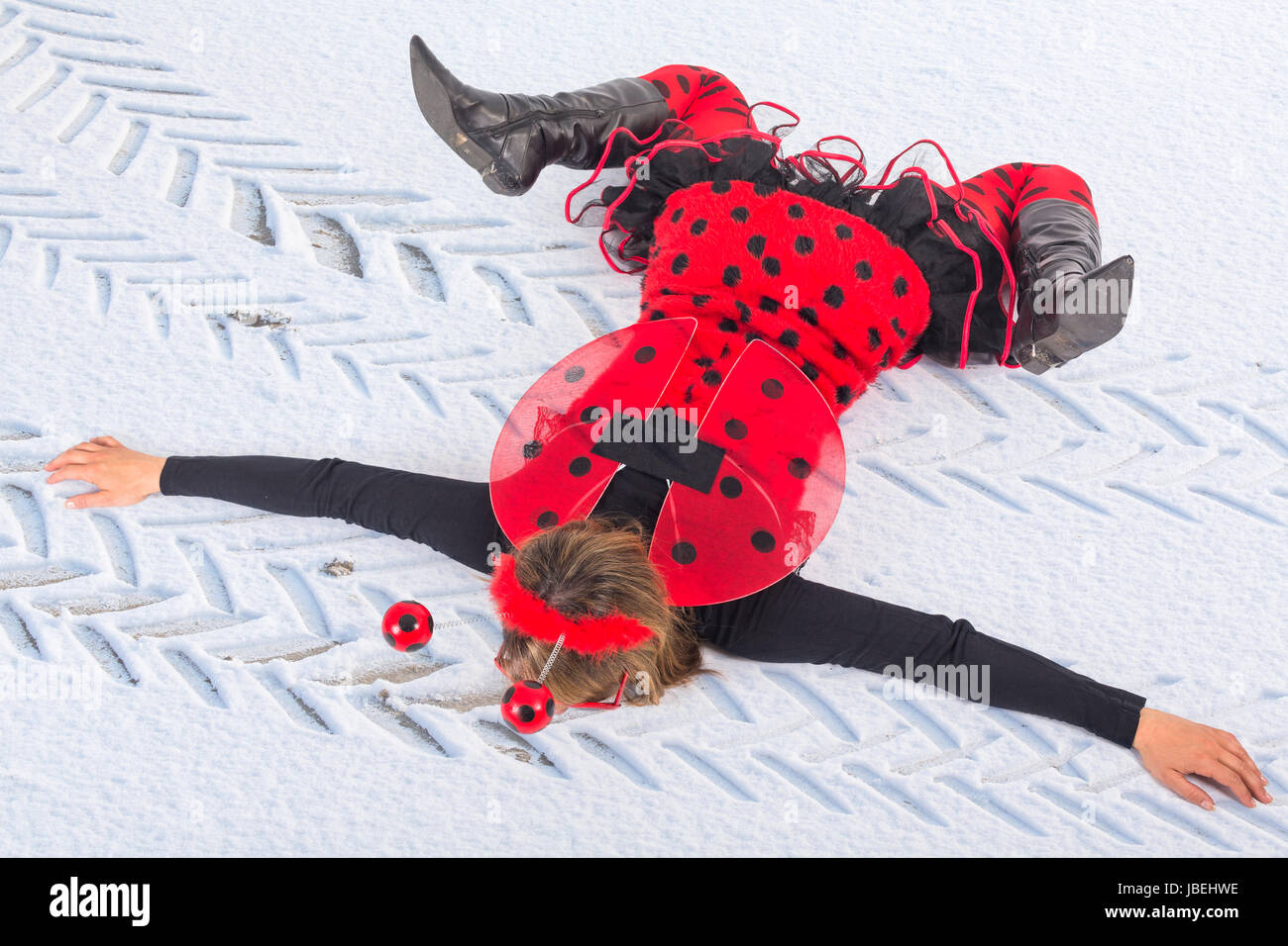 Marienkäfer im Schnee überfahren - Spass Stock Photo