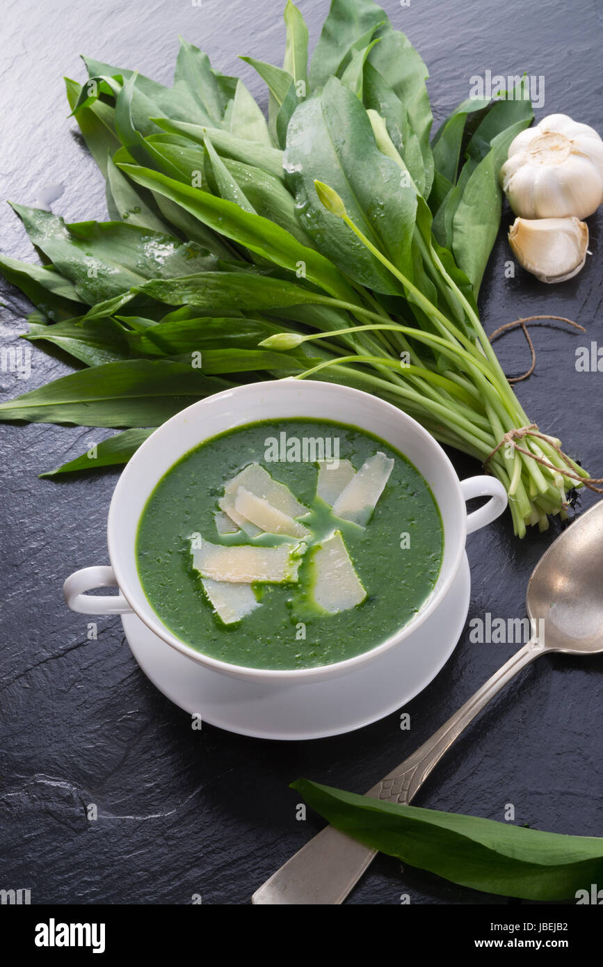 wild garlic soup with Parmesan Stock Photo
