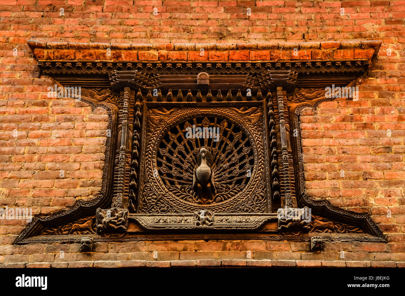 Detail of famous carved peacock window in Bhaktapur, Nepal Stock Photo ...