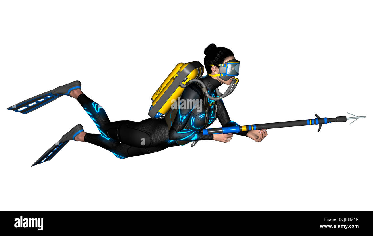 3D digital render of a female diver with a spear gun isolated on white