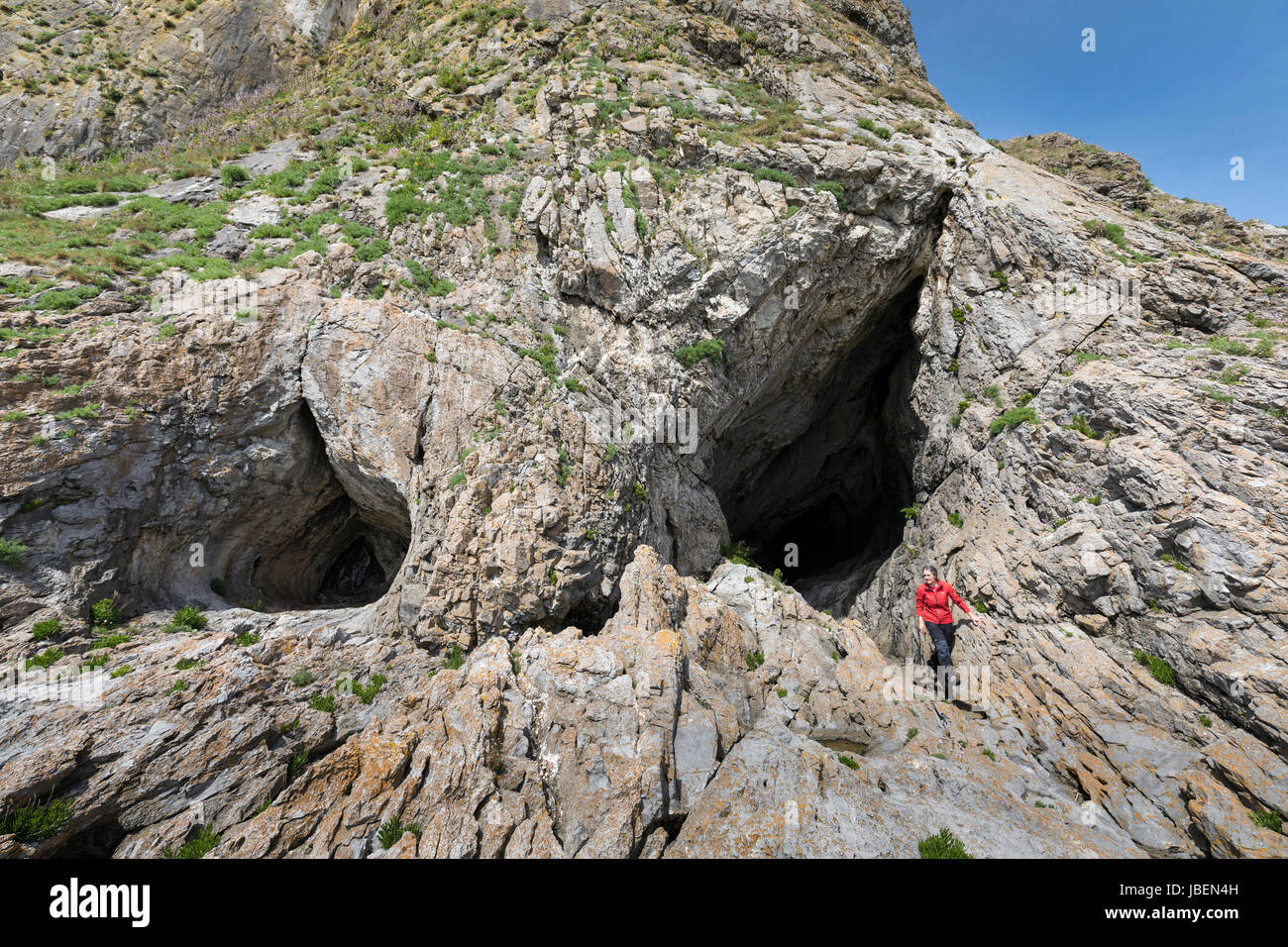 Entrance to archaeological site of Paviland Cave where the Red Lady burial was discovered, Gower, Wales, UK Stock Photo