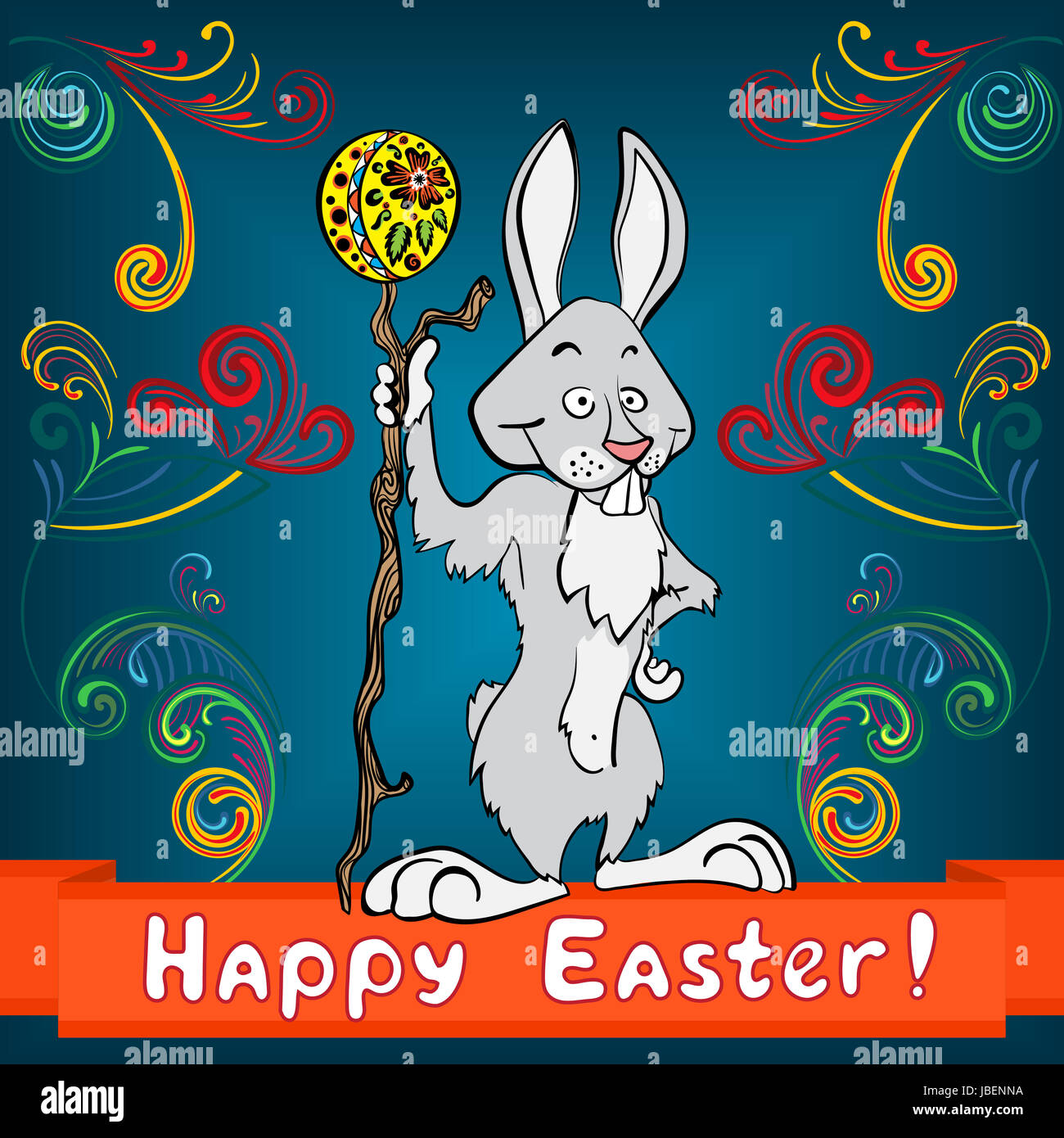 Easter bunny with egg and cane and abstract plants on ribbon wishes Stock  Photo - Alamy