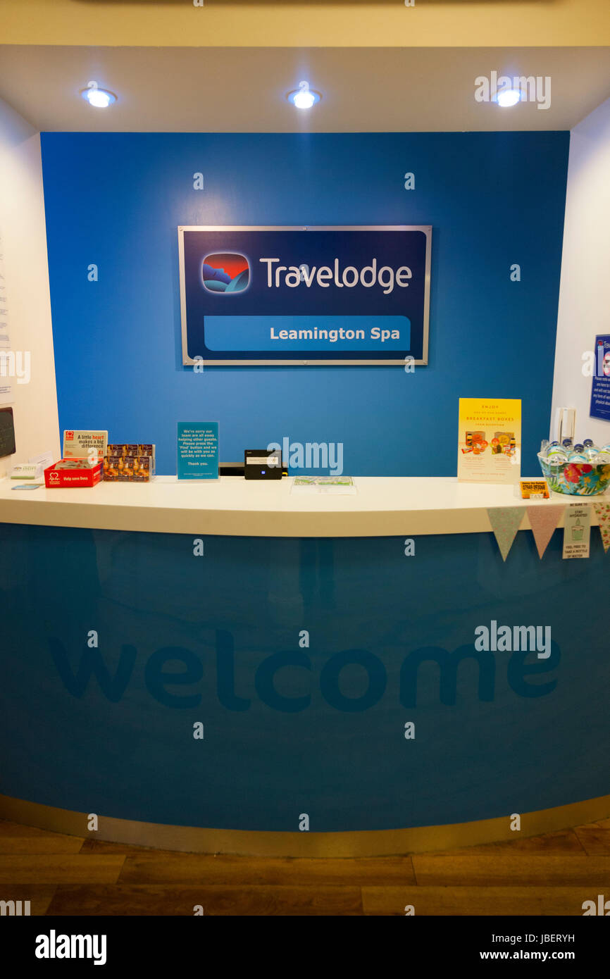 The hotel reception of the Regent Hotel; a Travelodge / Travel lodge hotels reception counter desk. Royal Leamington spa. UK. (88) Stock Photo