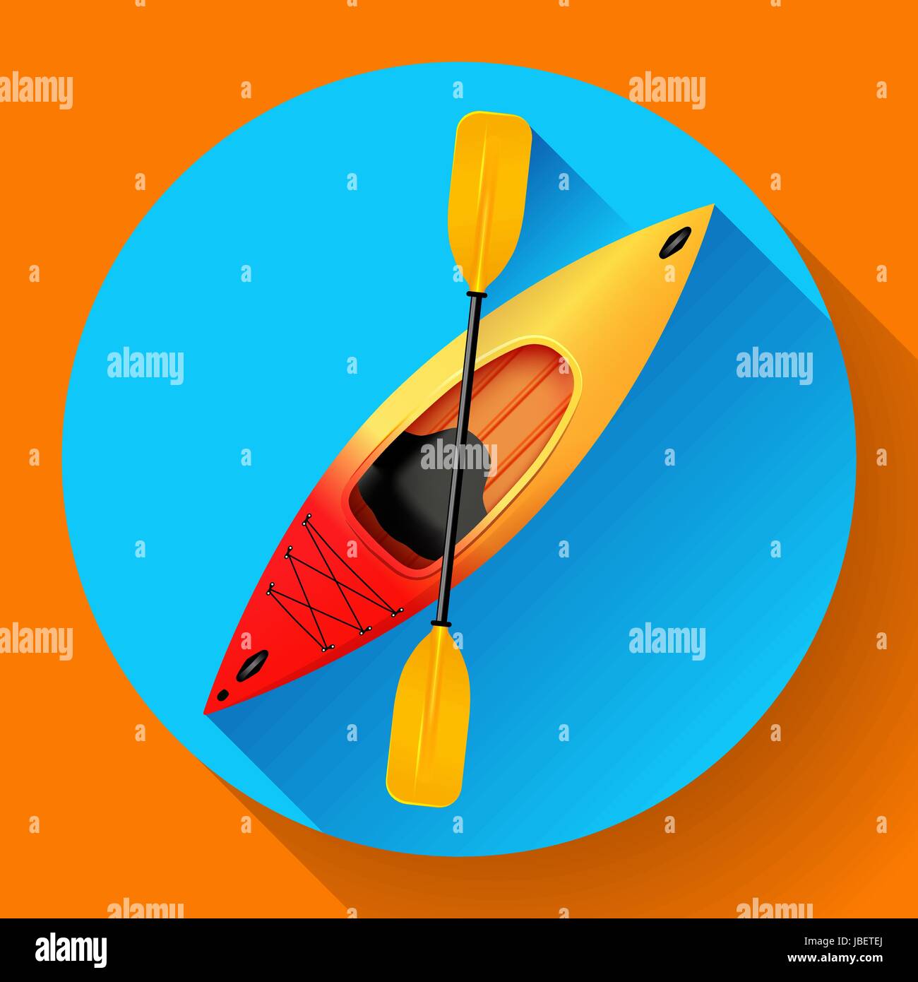 Kayak and paddle icon vector. Outdoor activities. Yellow red kayak, sea kayak flat icon Stock Vector