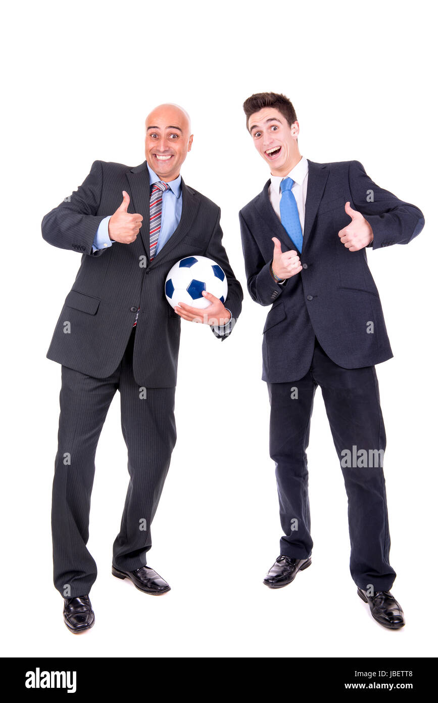 Happy businessmen with a soccer ball isolated in white Stock Photo - Alamy