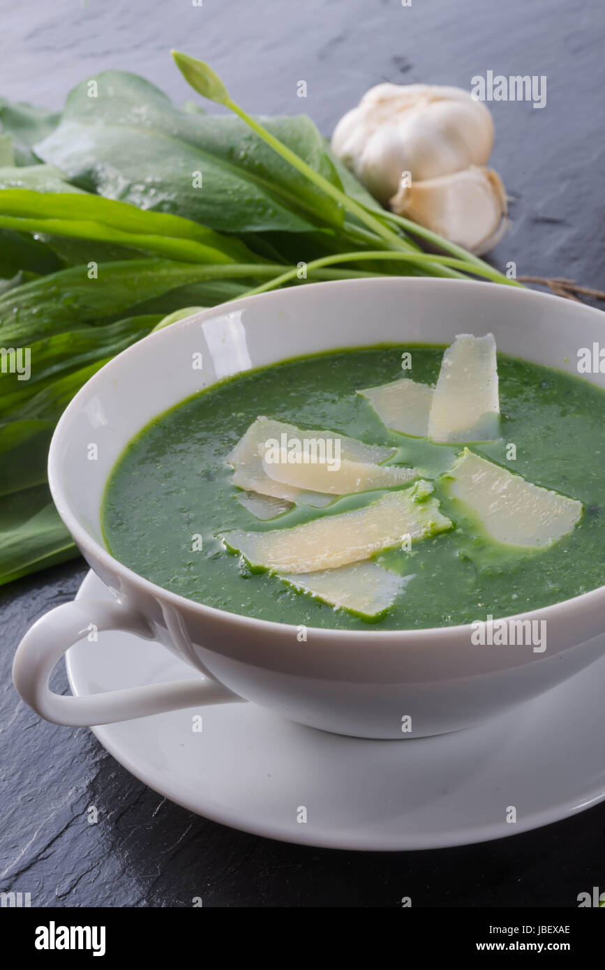 wild garlic soup with Parmesan Stock Photo