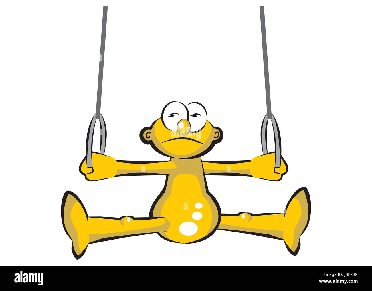 Funny cartoon practicing gymnastics with rings. Illustration isolated on white background Stock