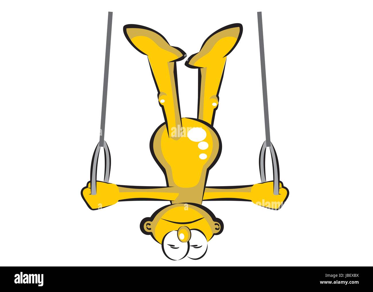 Funny cartoon practicing gymnastics with rings. Illustration isolated on white background Stock