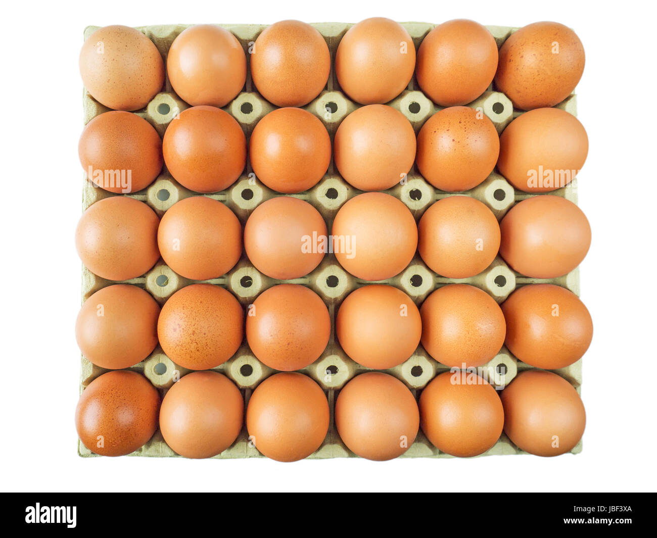 Cardboard box of brown chicken eggs top view isolated on white Stock Photo