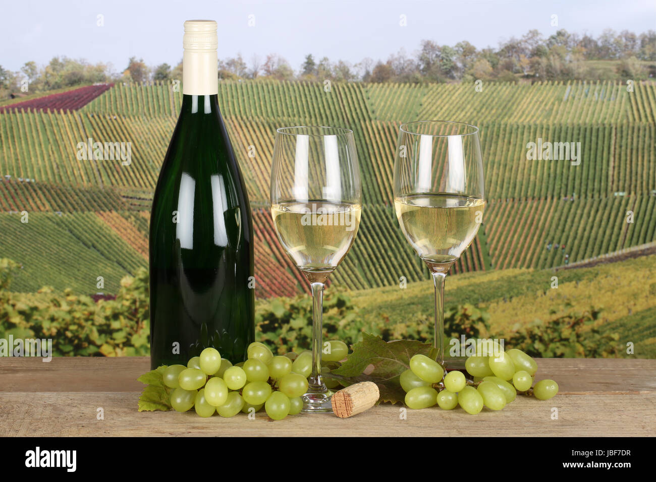 Neuer frischer Weißwein in Weinflasche und Weingläsern in Weinbergen Stock Photo