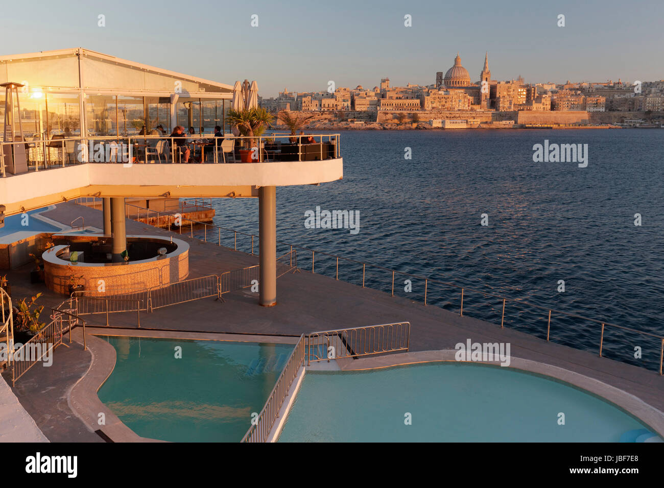 View from Sliema of Valletta, in front Restaurant The Terrace and Pool