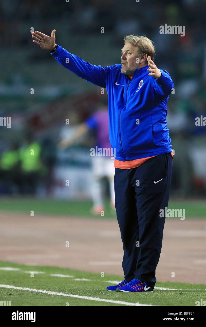 Azerbaijan manager Robert Prosinecki gestures on the touchline during the 2018 FIFA World Cup qualifying, Group C match at the Tofik Bakhramov Stadium, Baku. Stock Photo