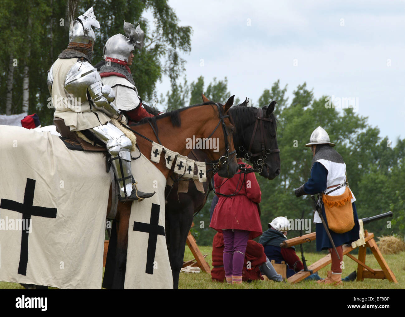 The staging of the medieval Battle of Grunwald in which the Teutonic knights fought against the Polish and Lithuanian knights. Stock Photo