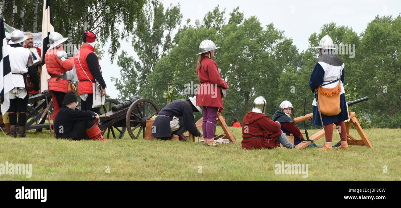 The staging of the medieval Battle of Grunwald in which the Teutonic knights fought against the Polish and Lithuanian knights. Stock Photo