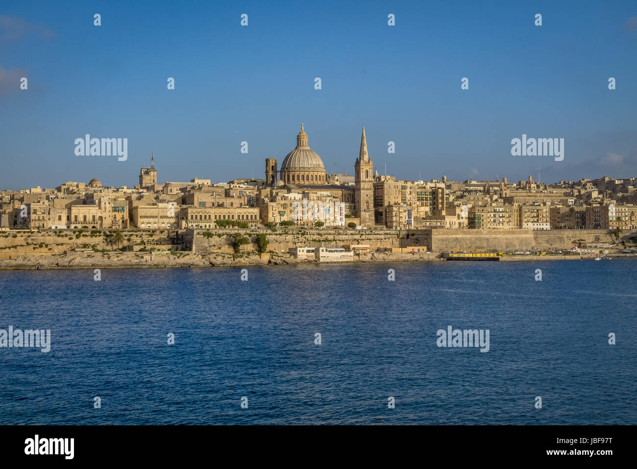 Valletta skyline from Sliema with Basilica of Our Lady of Mount Carmel ...