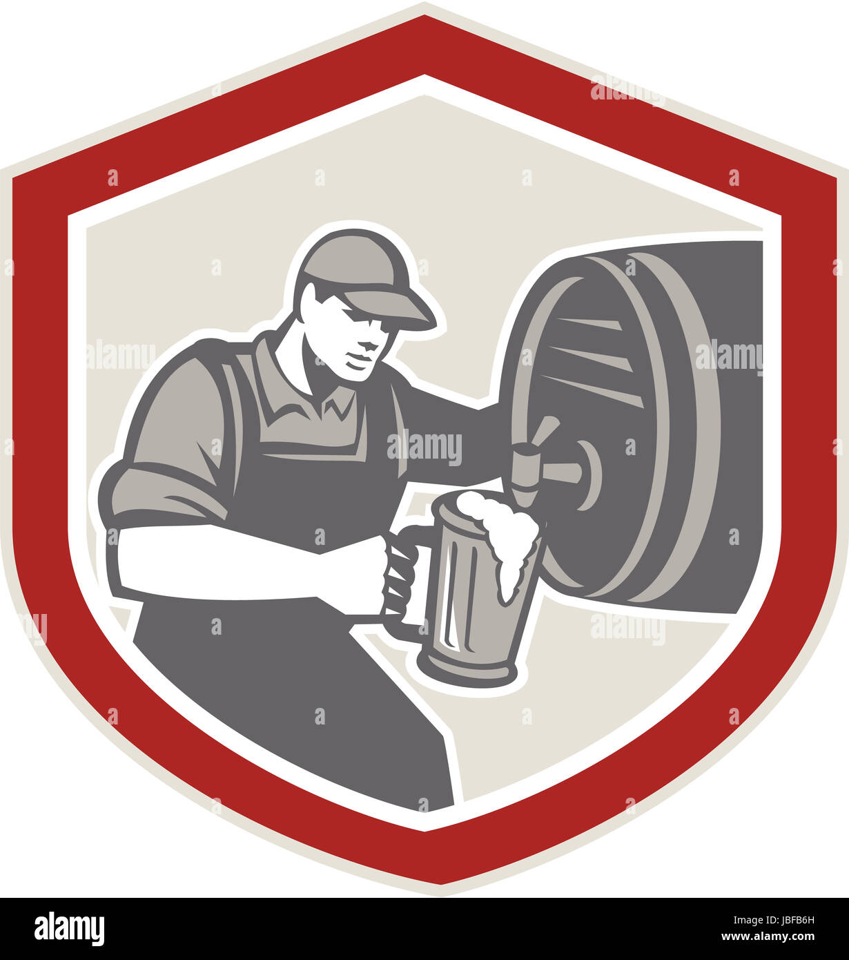 Illustration of a barman barkeeper bartender pouring keg barrel of beer ale into mug facing side set inside shield on isolated background. Stock Photo