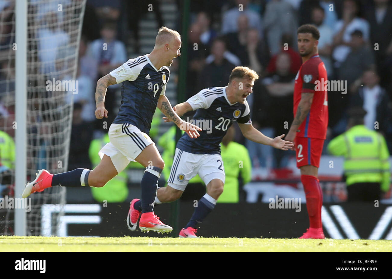 Scotland's Leigh Griffiths (left) celebrates scoring his side's second goal during the 2018 FIFA World Cup qualifying, Group F match at Hampden Park, Glasgow. Stock Photo