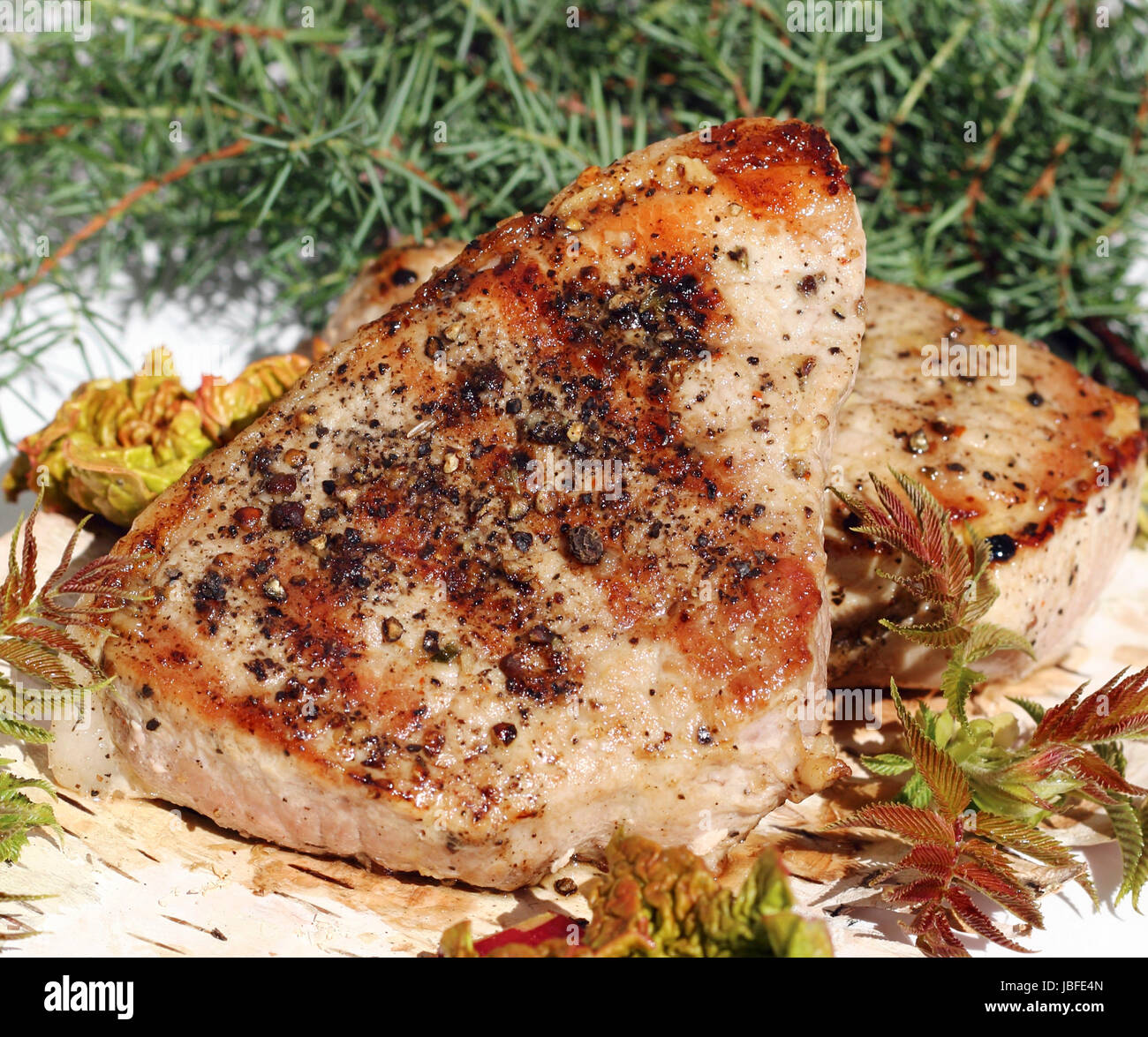 close up delicious grilled pork steaks Stock Photo - Alamy
